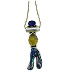 Sterling Silver Amethyst Carved Citrine Raw Abalone Shell Pendant Necklace 20in